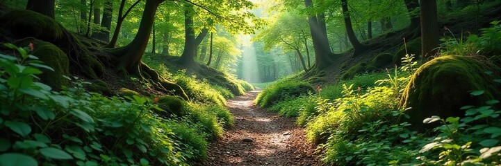 Obraz premium Serene forest trail bathed in dappled sunlight, winding through lush green foliage and mossy rocks Perfect for travel, adventure, and nature themes , serene, forest