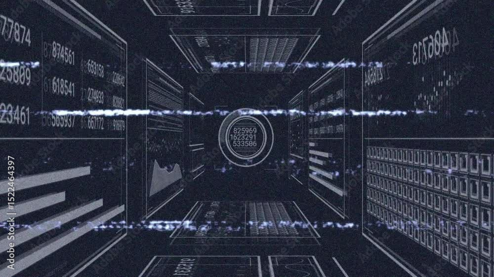 Poster glitch lines sweeping corridor starting reticle locking point with panels scrolling codes for scan