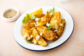 Roasted potato wedges with Feta cheese