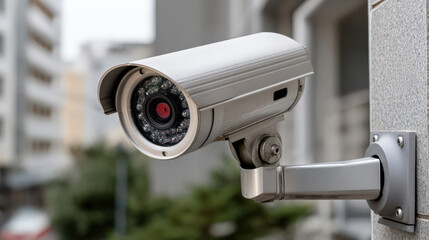 Security camera mounted on wall, capturing bright natural light in urban environment. This professional photo showcases camera sleek design and functionality, emphasizing safety and surveillance