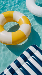 inflatable rings and mattress in white, yellow and navy blue colors. Summer vacation, leisure time,  travel, tourism concept
