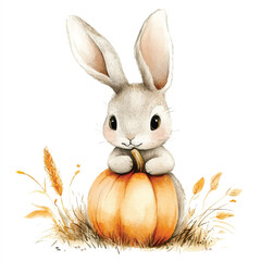 Obraz premium Cute Watercolor Bunny with Pumpkin – Autumn Animal Clipart