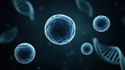Digital illustration of cells and DNA strands dark background