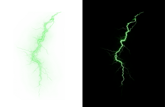 Lightning, green, energy, electric, thunder glowing PNG storm strike with electric spark. PNG Overlay on transparent background, abstract weather effect for nature, power, and climate visuals.