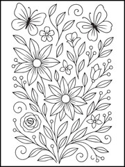 Fototapeta premium Butterfly and Flower Bouquet Coloring Page – Printable Line Art for Adults and Kids to Relax, Unwind, and Enjoy Creative Fun