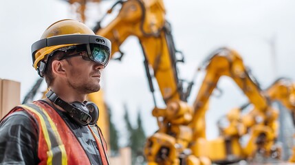 Fototapeta premium Construction worker using augmented reality technology on construction site