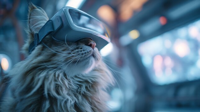 A curious feline's virtual reality adventure unfolds in a futuristic setting