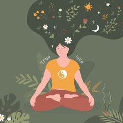 Female character doing yoga. Woman doing lotus asana pose and meditating. Floral elements, flowers and leaves in hairs, calm and free mind.