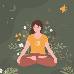 Cute female character doing yoga. Calm woman doing lotus asana pose and meditating. Floral elements, flowers and leaves on background.