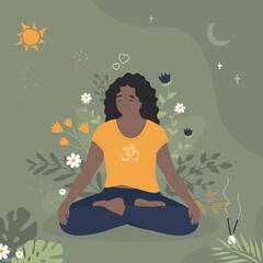 African american female character doing yoga. Woman doing lotus asana pose and meditating. Floral elements, flowers and leaves on background.