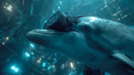 Futuristic dolphin exploring a virtual underwater world with VR headset
