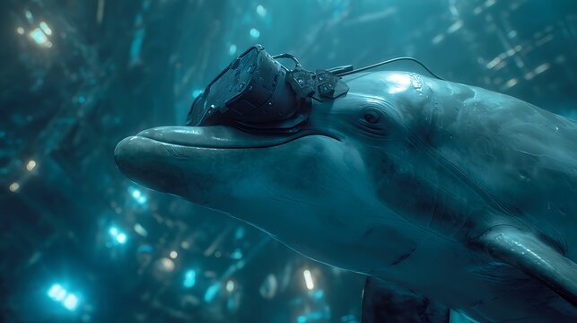 Futuristic dolphin exploring a virtual underwater world with VR headset - Powered by Adobe