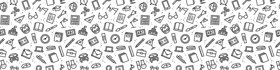 Education seamless pattern line icons black color school supplies for decoration, promotion. School Background. Super sale banner shopping. Vector illustration 10 eps