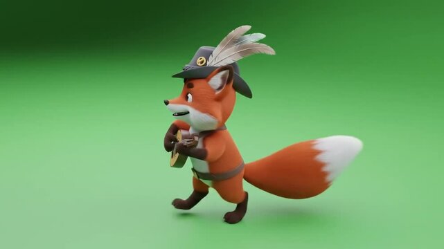 Cartoon Fox Playing Mandolin Green Screen 3D Animation