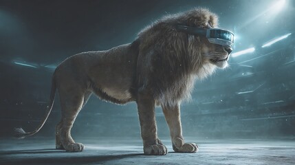 Lion exploring virtual world: A blend of wildlife and futuristic technology