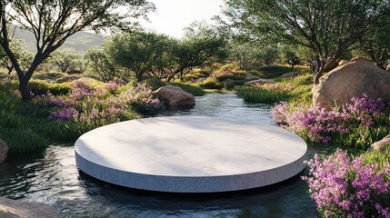 Round stone platform in a tranquil garden setting.