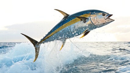 A hyper-realistic illustration of a yellowfin tuna leaping from the ocean, its metallic blue and golden hues glistening in the sunlight, with water splashing in dynamic arcs behind it.
