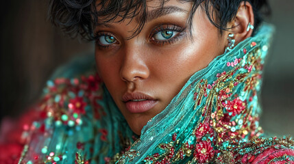 Close-Up of Woman with Embellished Aqua Collar