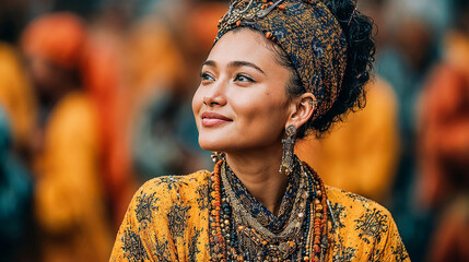 Smiling Woman in Yellow and Indigo Tribal Attire