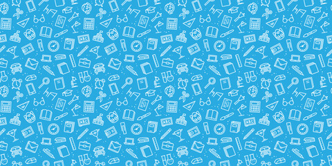 School pattern with hand drawn thin line style icons school supplies on blue background. Vector Illustration