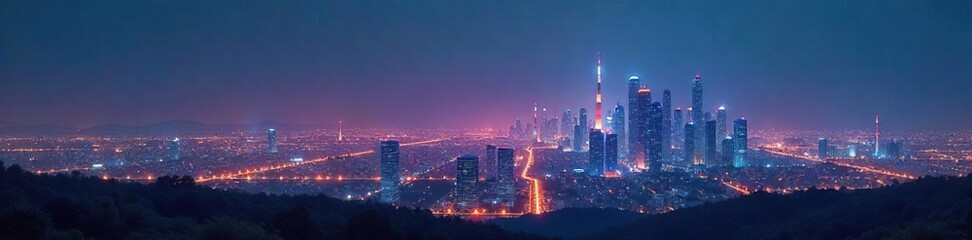 Futuristic cityscape at night, glowing energy towers reaching for the sky, representing sustainable and advanced power sources of tomorrow , renewable, urban
