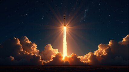 Fototapeta premium Rocket Launching Through Clouds at Night