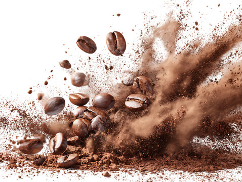 Dynamic explosion splash of coffee bea on clipping path transprent
