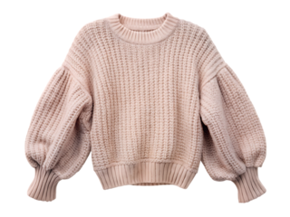 Pink Knit Sweater: Balloon Sleeves, Chunky Knit, V-Neck Detail