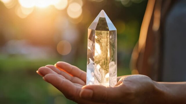 Woman holds clear quartz point crystal to sun, healing energy concept. Spiritual practice. Outdoor nature setting for wellness and light work background.