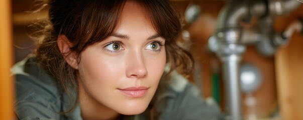 Realistic home repair moment, woman under sink cabinet with flashlight, focused plumbing repair