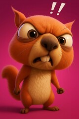 Fototapeta premium Angry Cartoon Squirrel with Comical Expression Standing Against Pink Background, 3D Illustration for Funny Animal Character Design