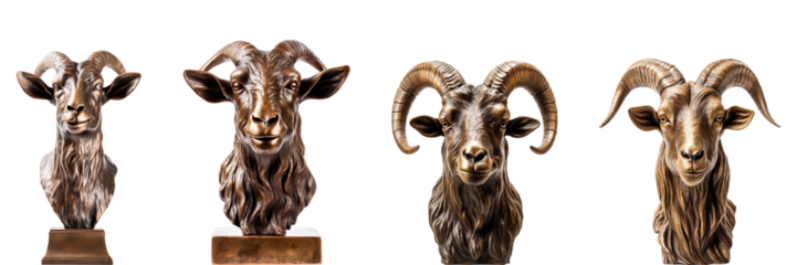 Collection of bronze goat head statues, isolated on a transparent background