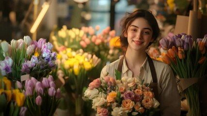 Young woman florist smiling and holding a beautiful bouquet of fresh colorful flowers in a flower shop, floral business concept. - Powered by Adobe