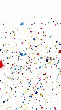 Colorful fireworks of colored confetti explodes on a white and green background, animation of the explosion and fall of confetti in 4K format, 3D animation frames, confetti bomb effect from the inside