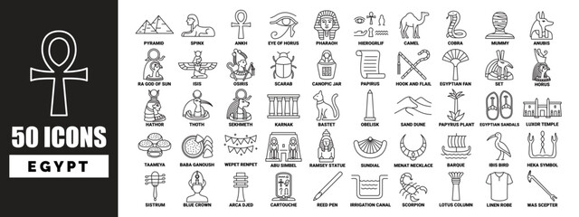 50 line icon collection of Egypt with name of every icon
