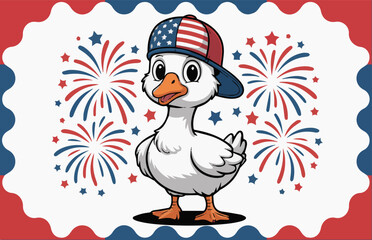 Illustration of a cartoon duckling in baseball caps with a print of the American flag in front of fireworks, symbolizing freedom and independence on a white isolated background. Vector graphics. EPS.