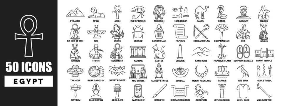 50 line icon collection of Egypt with name of every icon