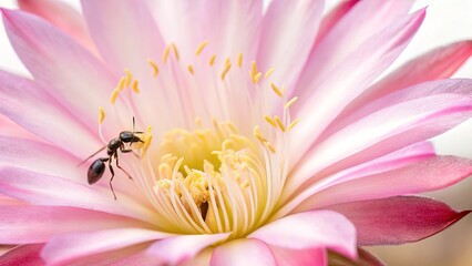 A tiny ant crawls on the vivid petals of a pink cactus flower, exploring the bloom?s inner details.