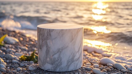 Cylindrical marble pedestal on a pebble beach at sunset.