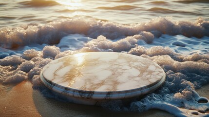 Round marble surface on a sandy beach, washed by waves.