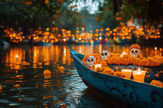 Vibrant Day of the Dead Trajinera on River at Dusk with Marigolds, Candles & Sugar Skulls in Serene Mexican Festival Scene
