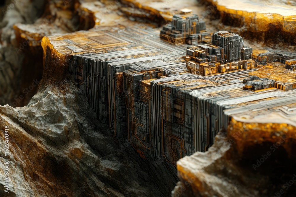 Poster a futuristic, intricate technological structure embedded within a rocky, alien landscape.