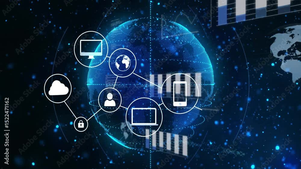 Poster glowing data globe rotating triggers icons appearing then linking devices illustrating safe network