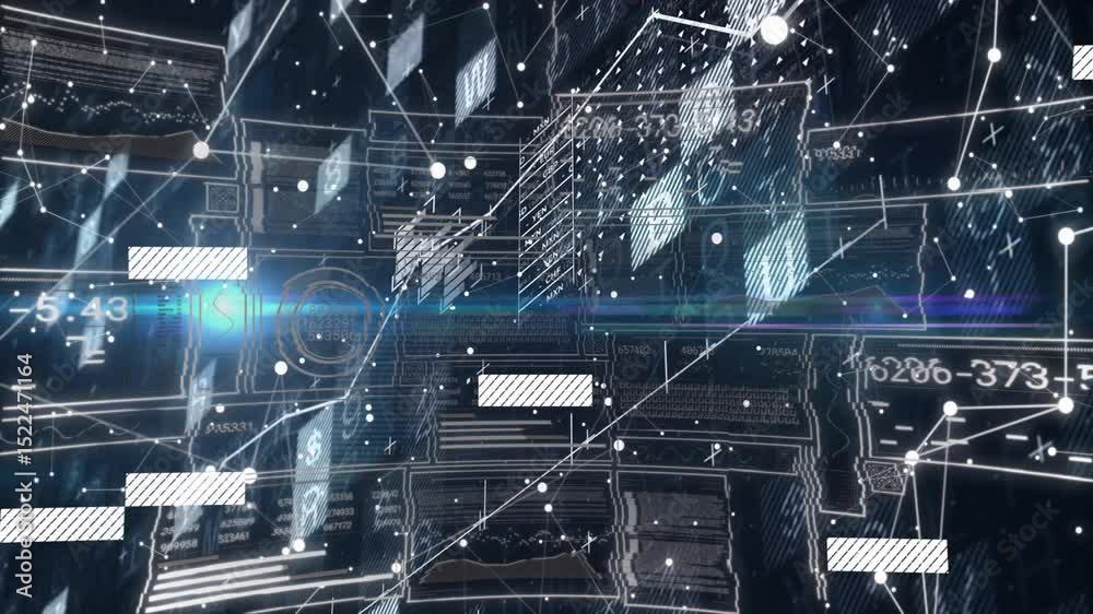 Aufkleber grid appearing, nodes connecting and panels shifting visualizing data flow across virtual network
