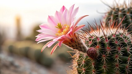 A stunning close-up of a blooming cactus with detailed textures and a pop of vivid floral color.
