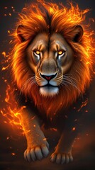 Fototapeta premium A majestic lion with a fiery mane and glowing eyes walking forward in a dark and dramatic scene