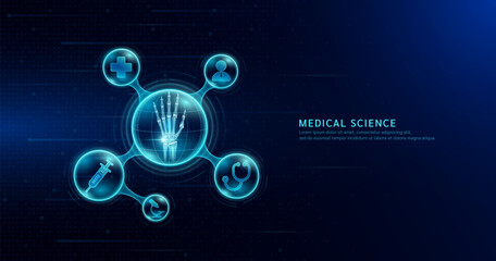Medical science. Arthritis osteoporosis diagnosis. Human wrist finger bone inside transparent molecule with icons doctor pill syringe stethoscope saline bag and cross. On dark blue background. Vector.