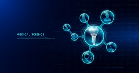 Medical science. Dental implant inside transparent molecule with icons doctor pill syringe stethoscope saline bag and cross. On dark blue digital technology background. Vector EPS10.