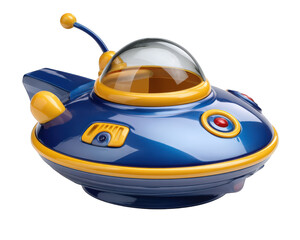 Naklejka premium Colorful toy spaceship designed for children, featuring shiny blue body with yellow accents and transparent dome. This playful design sparks imagination and creativity during playtime
