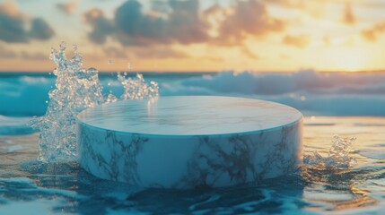 Marble pedestal at the edge of a beach at sunrise.